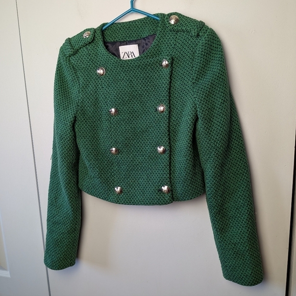 Zara Jackets & Blazers - ZARA CROP Women Blazer Crochet Military Style Size XS Green And Navy Blue